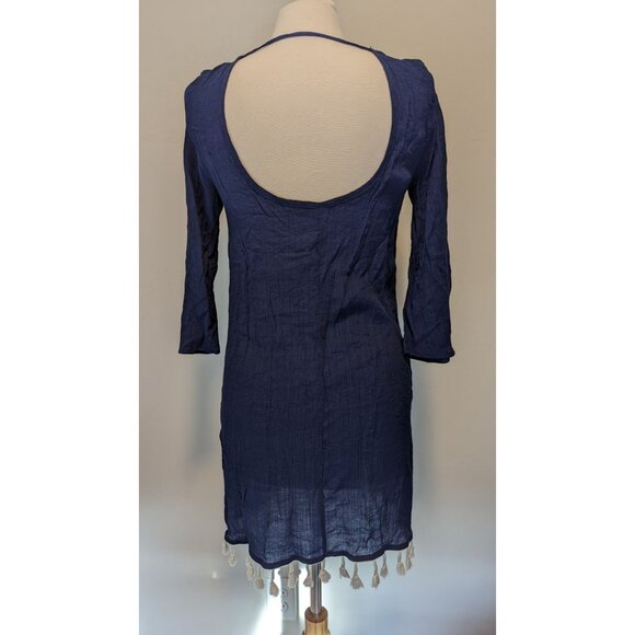 Kona Sol Navy Blue Cover-Up Dress With Embroidered V-Neckline & Tassel Hem  M - Picture 4 of 4